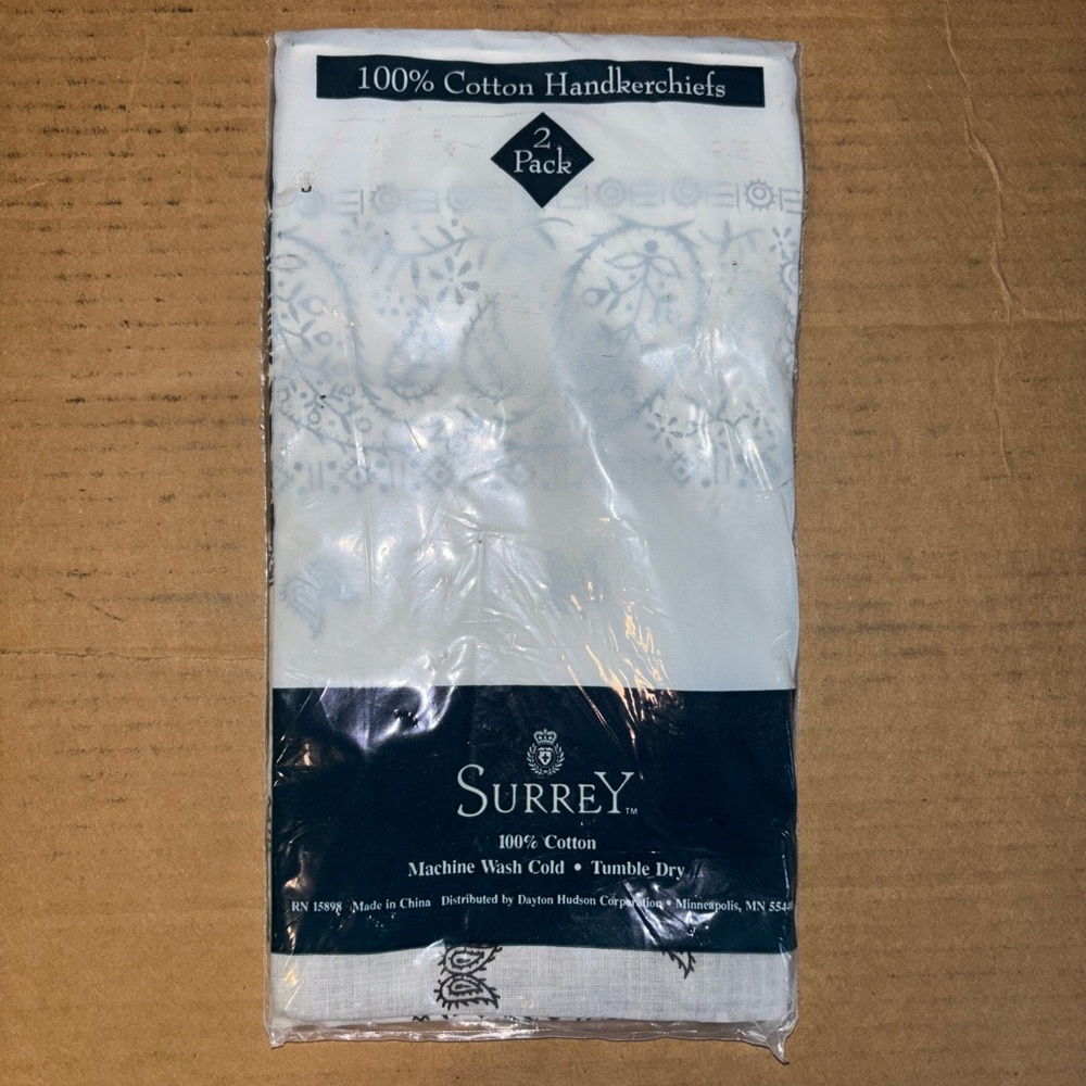 Surrey White with Black Design 100% Cotton Handkerchiefs 2 Pack